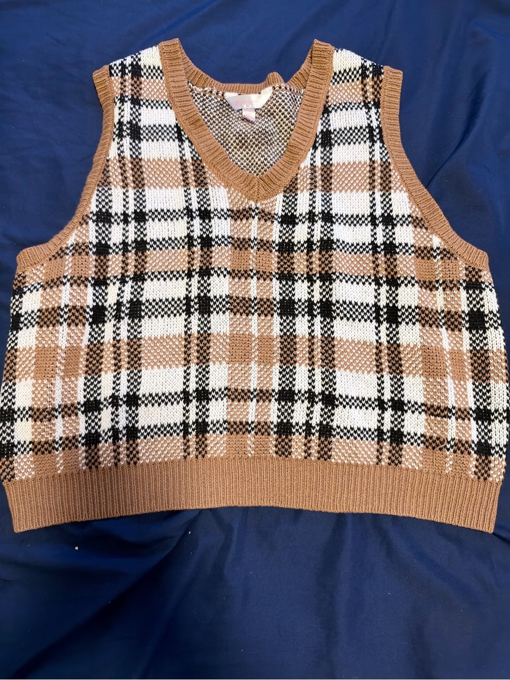No Boundaries Plaid V-Neck Sweater Vest in Brown, White, and Black